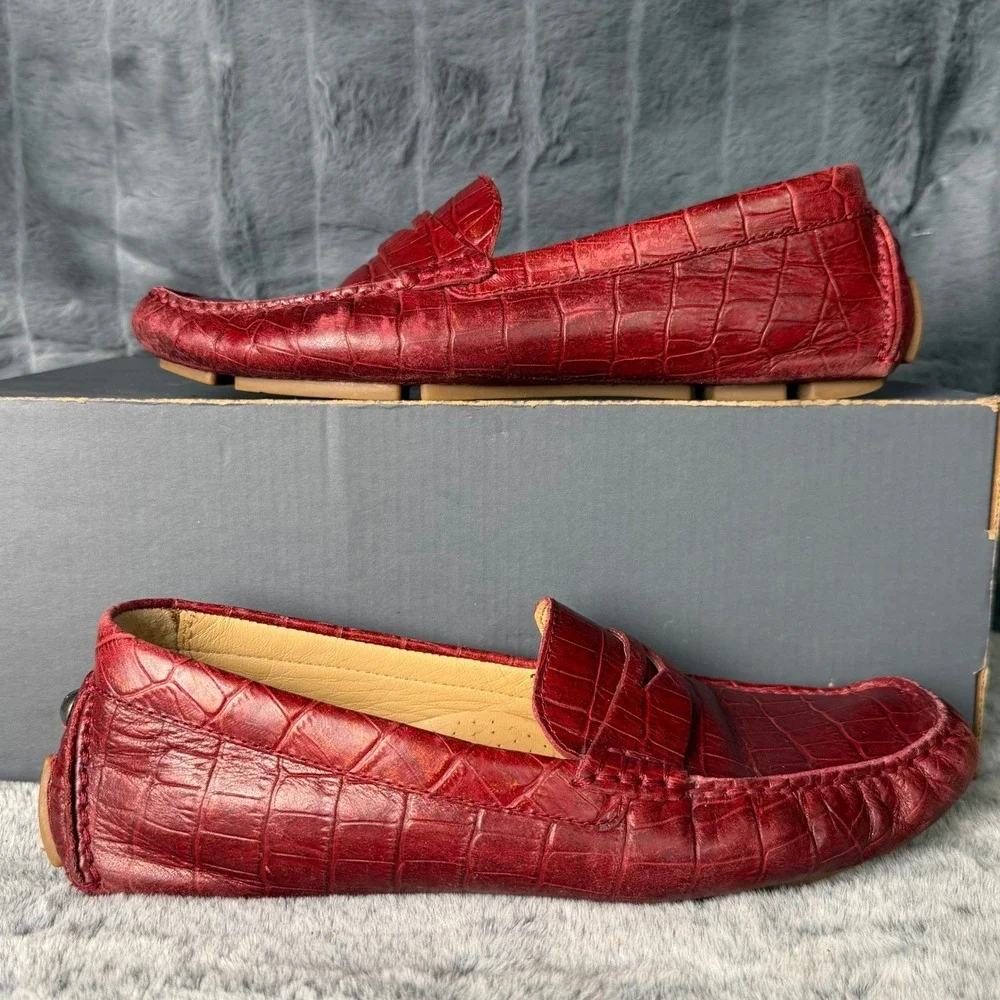 Cole Haan Mens Burgundy Croc Embossed Leather Penny Loafer Driving Mocs 8B